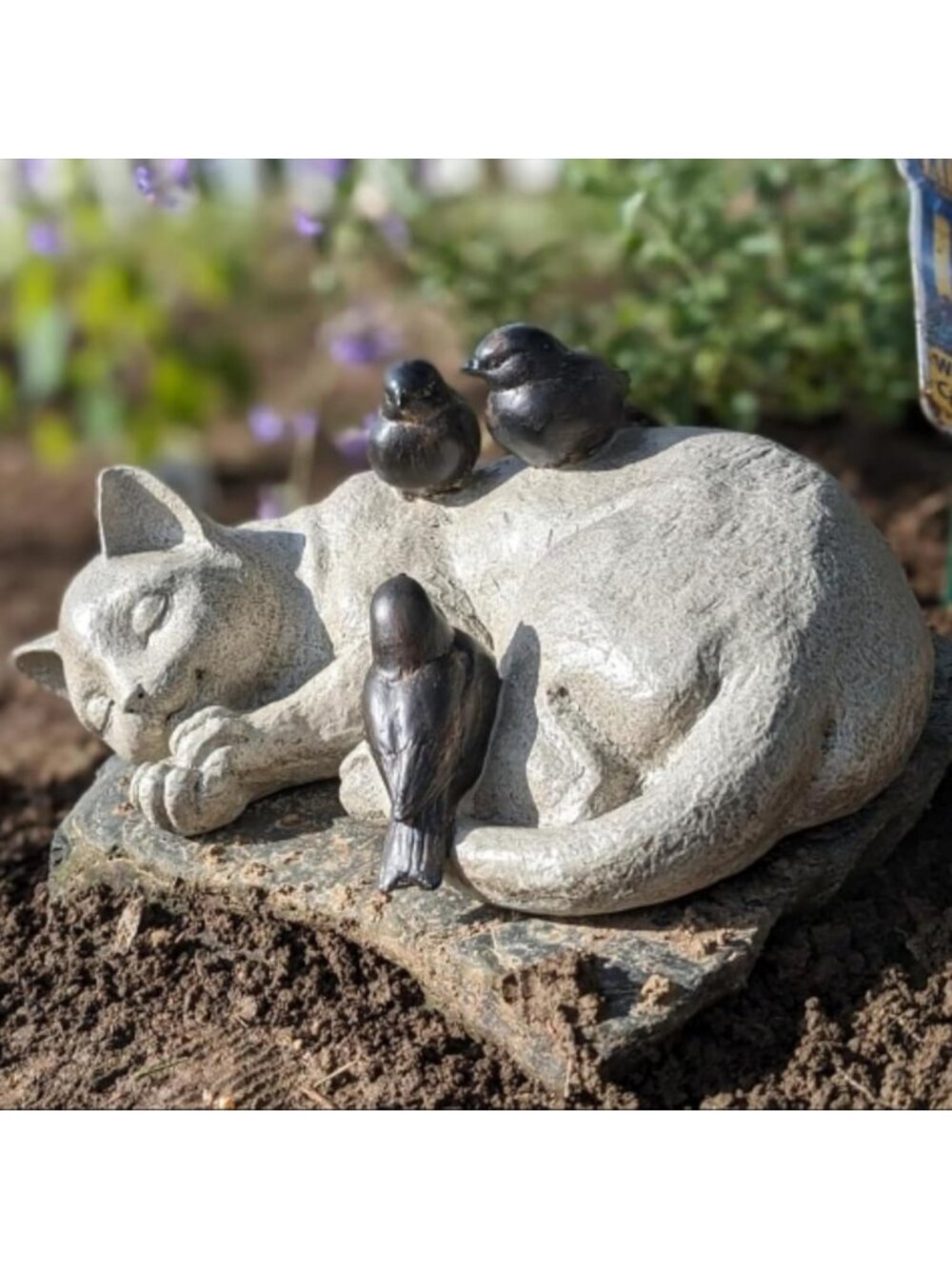 Sleeping Cat Garden Statue - 12" Outdoor Resin Figurine with Sparrows for Decor